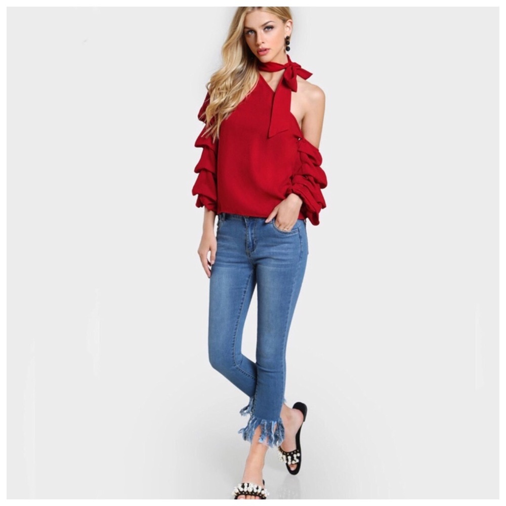 Red Ruffle One Shoulder Top - Picture 4 of 5